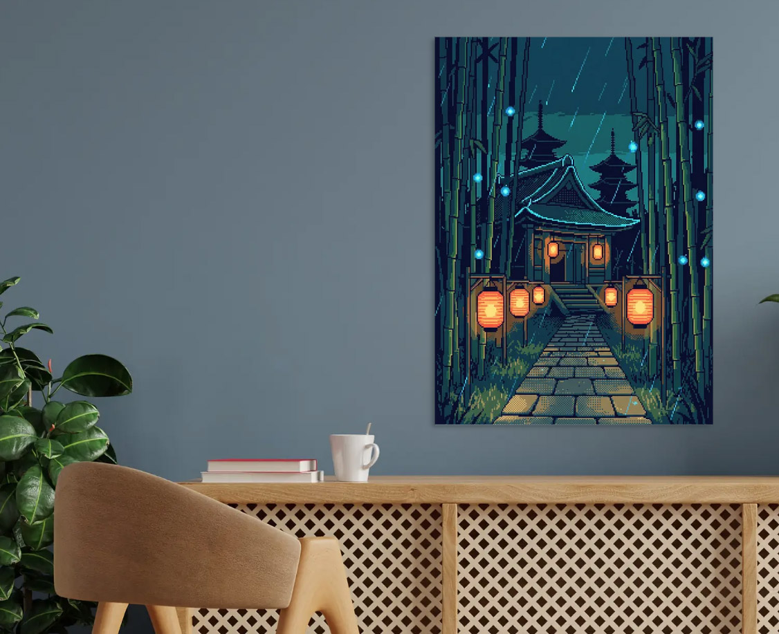 Pixel Art Japanese Temple — metal poster wall art by Lineer